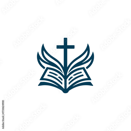 Christian logo cross emerges from the spine of an open book vector art