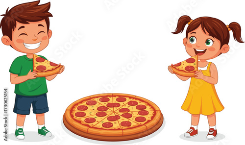 Happy kids eating pepperoni pizza together, cartoon children enjoying delicious food, fun mealtime illustration with smiling boy and girl.