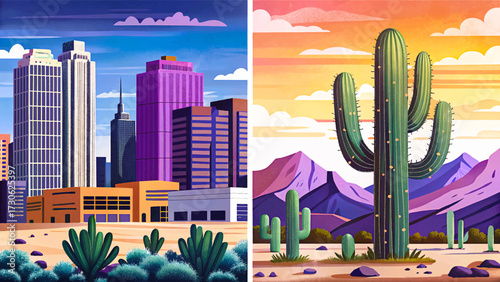 Phoenix desert skyline, cactus landscape, modern architecture, cultural diversity, famous American travel city Simple cartoon design Flat style vector illustration