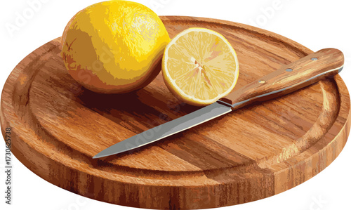 Vector art of lemon and lemon slice with knife on wooden cutting board