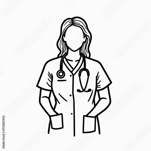 Female doctor wearing scrubs and stethoscope standing confidently  