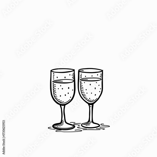 Two sparkling wine glasses with bubbles on white background  