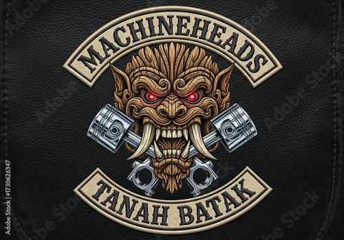 Fierce demonic face emblem with pistons, symbolizing power and rebellious spirit for biker clubs and automotive brands seeking edgy designs.