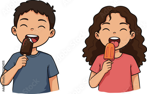 Happy children eating ice cream and popsicle, cartoon boy and girl enjoying frozen treats, summer dessert fun illustration vector.