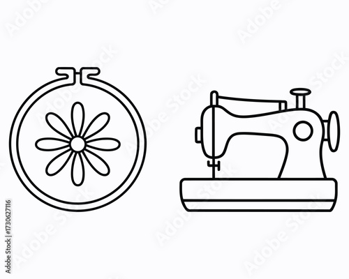 Elegant Embroidery Hoop with Floral Design and Classic Sewing Machine A Creative Fusion of Textile Arts and Vintage Craftsmanship in Line Art