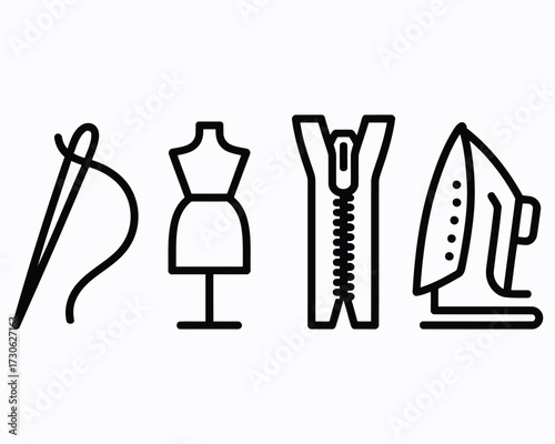 Sewing and Tailoring Tools Icons Illustrate the Craftsmanship Process Sewing Kit with Needle, Mannequin, Zipper and Clothes Iron Black and White Art
