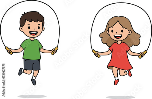 Happy Children Jumping Rope Outdoors in Summer, Smiling Boy and Girl Playing Together, Fun Physical Activity for Kids in Park Scene