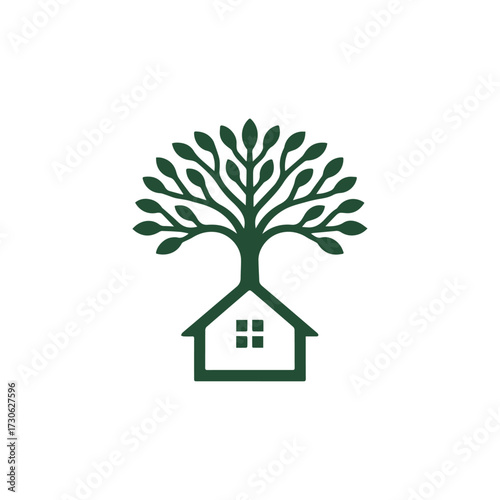 Minimalist vector logo, house foundation growing into a tree canopy