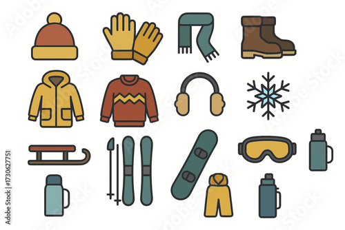 Winter sports icons: gloves, scarf, boots, snowboard, ski gear, and more