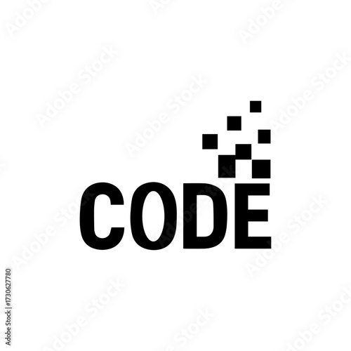 Modern vector logo, the word CODE fused with abstract pixel squares breaking away from one corner