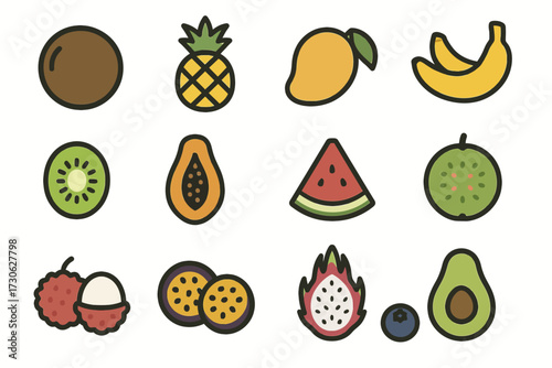 Colorful tropical fruit icons: coconut, pineapple, mango, banana, kiwi, papaya, watermelon, avocado
