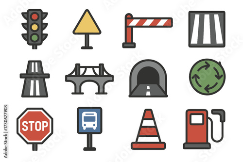 Collection of road and traffic icons including stop sign and gas pump