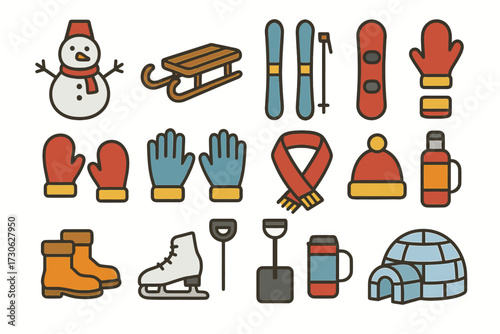 Winter activity icons: snowman, sled, skis, mittens, scarf, boots, igloo, thermos