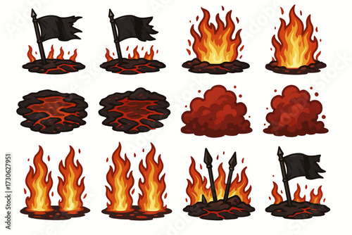 Set of fiery lava and smoke cartoon elements for game design
