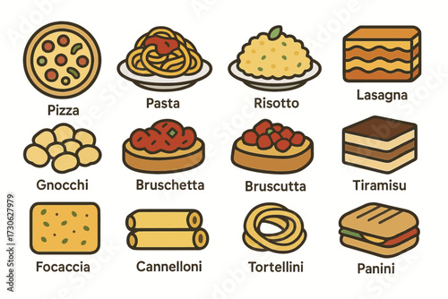 Italian cuisine icons: pizza pasta risotto lasagna tiramisu