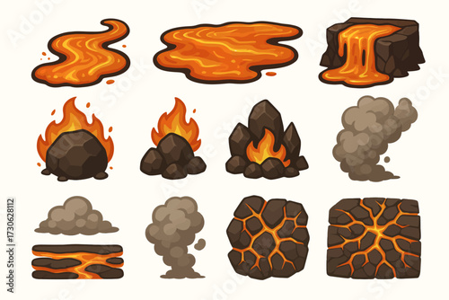 Collection of cartoon lava and rock formations with smoke and fire elements