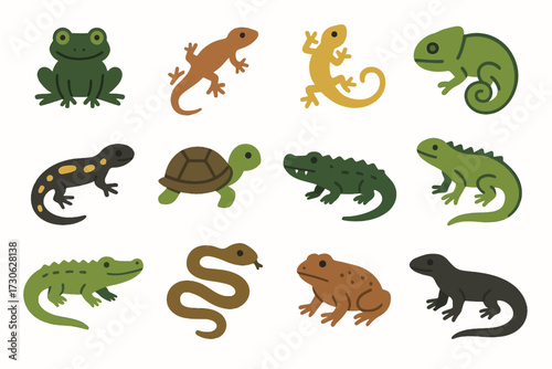 Colorful cartoon reptiles and amphibians collection including frog, lizard, turtle, snake