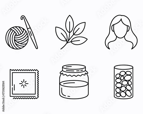 Line Art Representations of Creative Pursuits Artistic Hobbies and Preserved Goods Depicting Knitting Crochet Botany Beauty Patchwork Canning Pickling and Home Economics in Elegant Simplicity