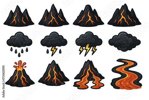 Volcanic eruption and weather icons: mountains, lava, clouds, and lightning