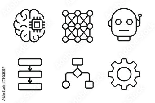 Icons representing ai neural network flowchart and robotics concepts