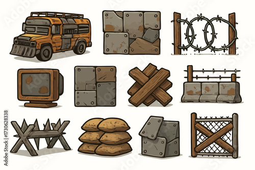 Post-apocalyptic urban elements – vehicles, barriers, and defenses