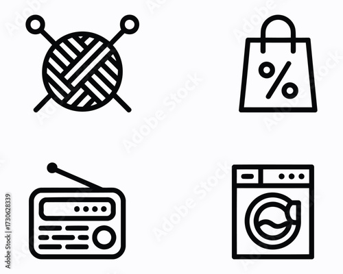 Icon Set Representing Various Activities and Objects Knitting Shopping Radio and Laundry Depicting Hobbies Commerce Entertainment and Household Chores respectively