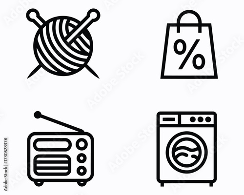 Line Art Icons Depicting Yarn with Needles, Shopping Discount Bag, Radio, and Washing Machine, Illustrating Crafts, Commerce, Entertainment and Home Appliances
