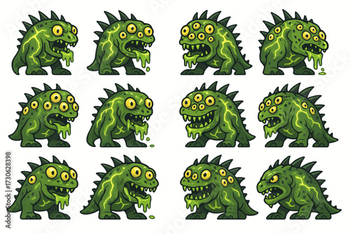Cartoon monster evolution: twelve gooey green creatures with multiple eyes