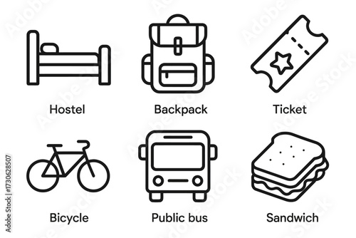 Travel essentials: hostel, backpack, ticket, bicycle, public bus, sandwich icons