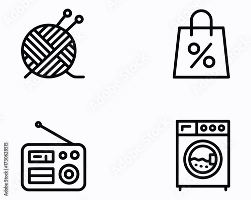 A Quaint Collection of Household Icons Knitting, Shopping, Radio and Laundry Symbols Depicting Simple Joys and Domestic Routines in Minimalist Black and White