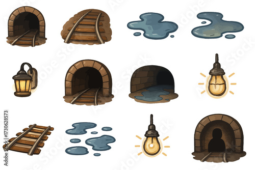 Cartoon mine elements: tunnels, tracks, lanterns and water puddles