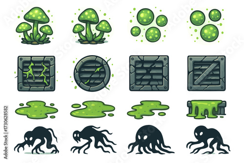Cartoon green elements: mushrooms, bubbles, slime, creatures, and stones