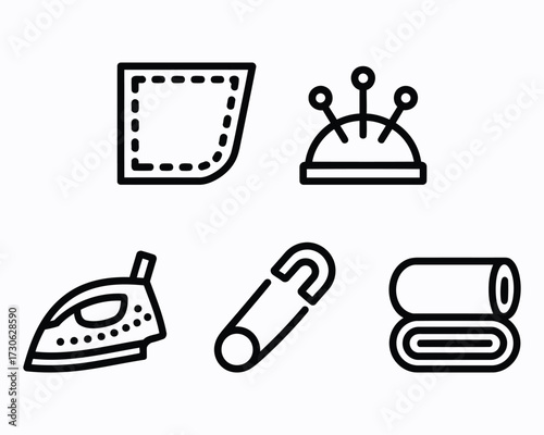 Sewing Essentials Clipart Collection Depicting Fabric Cutout, Pin Cushion, Iron, Safety Pin and Rolled Fabric Presenting Basic Elements for Tailoring and Textile Crafts