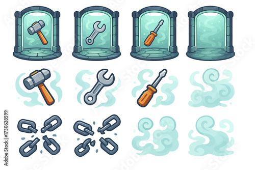 Cartoon tools and magic portals with hammers, wrench, and screwdrivers