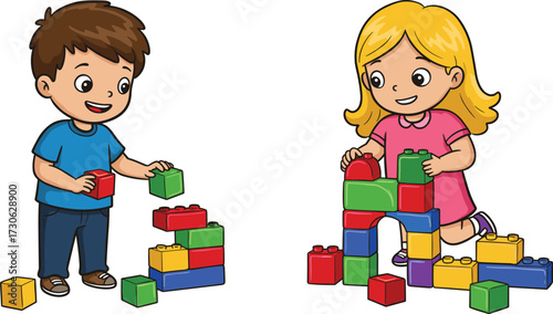 Happy kids building blocks together, cartoon boy and girl playing educational toys, creative activity, fun learning playtime illustration vector.