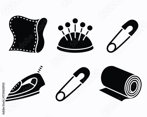 Sewing Supplies Still Life Black and White Illustration Depicting a Piece of Cloth, a Pin Cushion, an Iron, Safety Pins, and a Roll of Fabric