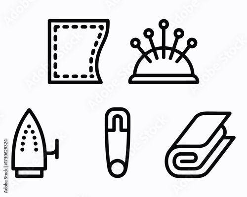 Sewing Essentials Depicted in a Clean and Modern Icon Set Representing Fabric, Pins, Iron, and Folded Material for Fashion, Design, and Crafting