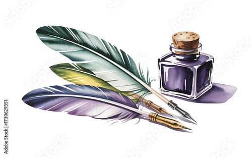 Writing Quill Feathers Ink Bottle Illustration Art Stationery Elements