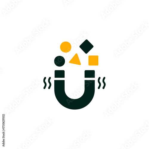 Vector icon of a horseshoe magnet attracting floating geometric shapes