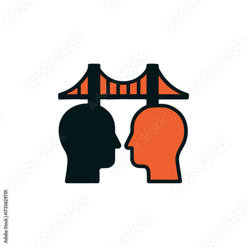 Vector icon of two stylized human heads facing each other, connected by a simplified suspension bridge