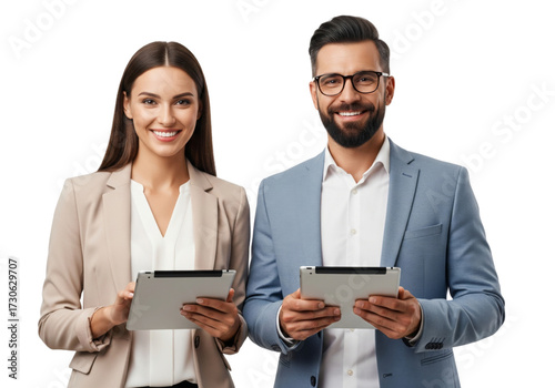 Business team working together and holding tablet isolated on white