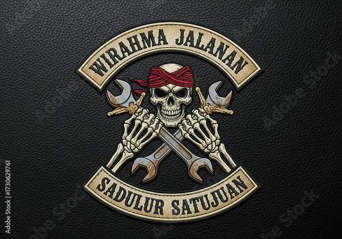 Edgy skull emblem with crossed wrenches and bold text, perfect for motorcycle clubs or automotive brands seeking a rugged, rebellious aesthetic