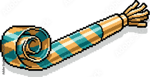 A pixelated party horn, striped in gold and teal, curled at the end with tassels at the handle.