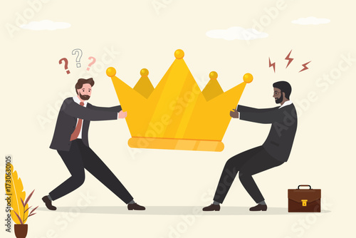 Struggle for influence, leadership. Angry businessmen pulling golden crown, job promotion position. Staff conflict or fighting for job promotion or jealousy colleague