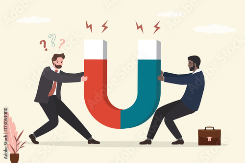 Fight for attention. Businessmen fight for attraction of magnet. Conflict, fight over struggle for influence, public attention and followers. Businessmen pull giant magnet.