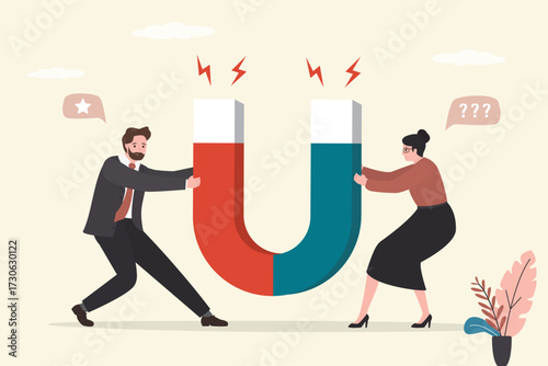 Fight for attention. Business people fight for attraction of magnet. Conflict, fight over struggle for influence, public attention and followers. Businessmen pull giant magnet.