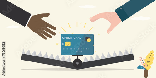 Businessman and customer hands reaches for credit card in animal trap. Money and risk management. Credit finance banking bait, loan.
