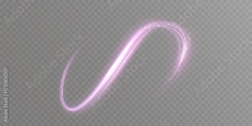 A glowing curved trail of soft purple with a shimmering effect on a transparent background.