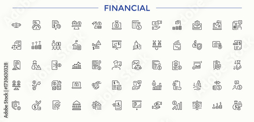 Financial icon collection. Payment icon set. Minimal icons pack. Pictograms of exchange, wealth, bank, investment, currency, pay and more. Editable stroke. Vector collection.