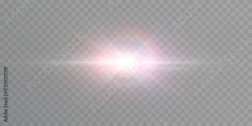 A bright white flash of light with a soft glow and reflection from lenses on a transparent background. Realistic flash flickering effect.